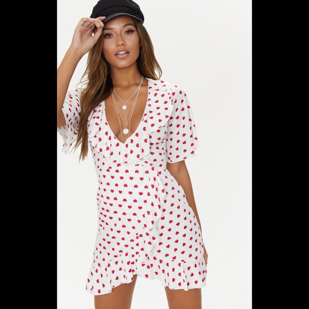 PrettyLittleThing White Heart Print Wrap Dress